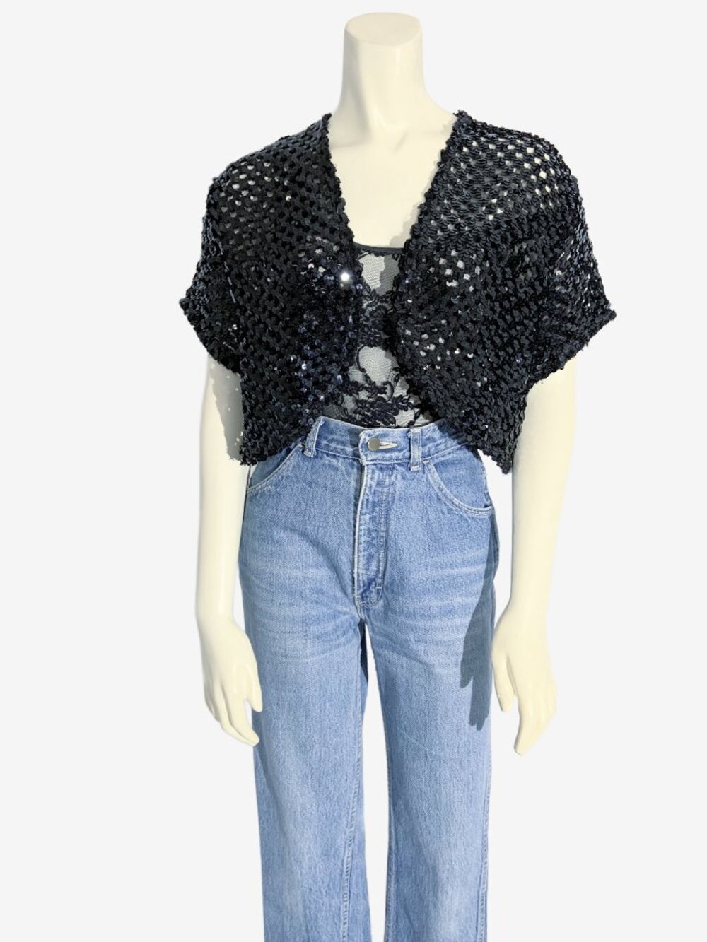 Vintage Black Sequin Woven Sweater Knit Shrug / size Small